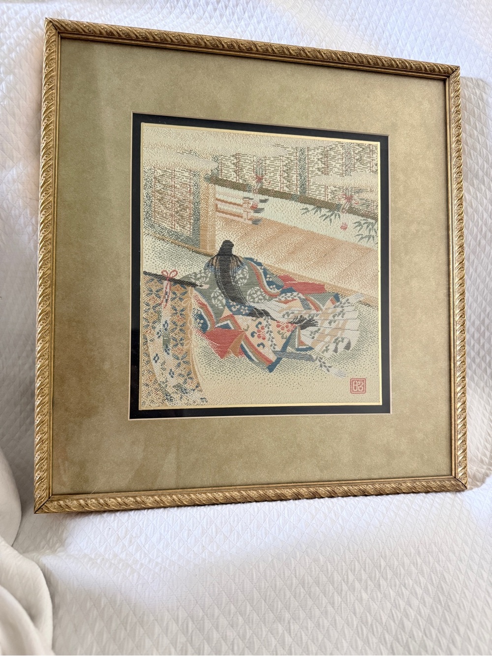 Vintage Japanese Nishijin Ori Woven Silk Framed Art Heian Court Lady